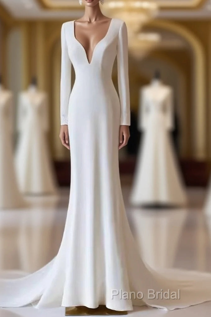 Simple Mermaid V Neckline Satin Ivory Long Sleeves Wedding Dresses Main image
