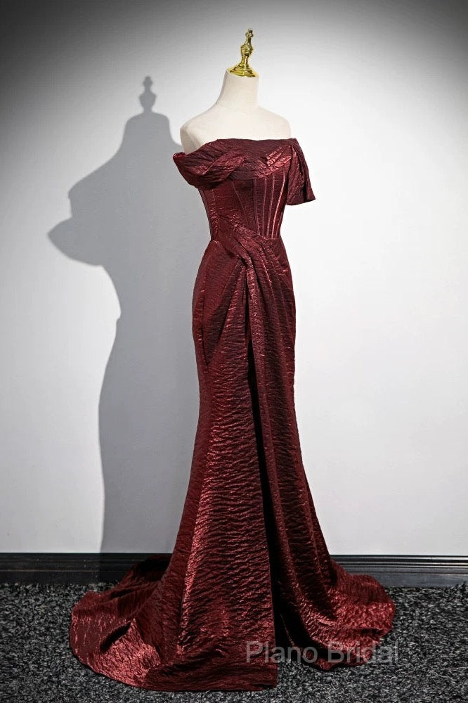 Simple Off Shoulder Burgundy Long Formal Prom Dresses, Burgundy Long Formal Dresses