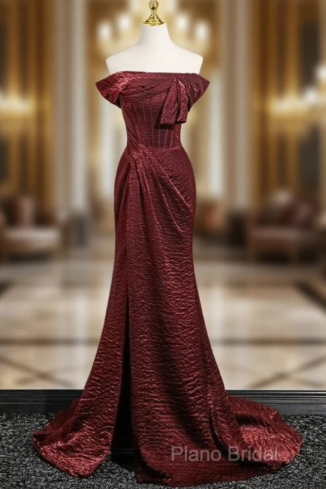 Simple Off Shoulder Burgundy Long Formal Prom Dresses, Burgundy Long Formal Dresses Main image