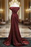Simple Off Shoulder Burgundy Long Formal Prom Dresses, Burgundy Long Formal Dresses