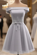 Simple Off Shoulder Grey Tulle Applique Bridesmaid Dresses, Knee Length Formal Dresses, Party Dresses
