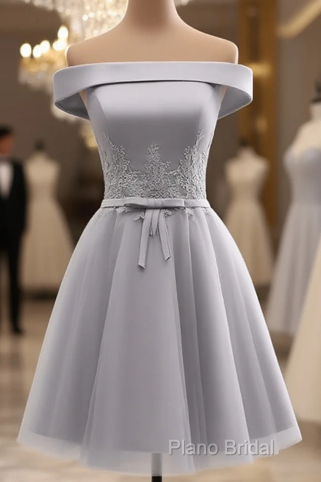 Simple Off Shoulder Grey Tulle Applique Bridesmaid Dresses, Knee Length Formal Dresses, Party Dresses