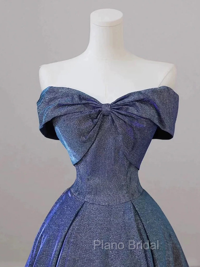 Simple Off Shoulder Satin Blue Long Formal Prom Dresses, Blue Long Formal Dresses