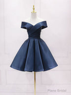 Simple Off Shoulder Satin Dark Blue Short Prom Dress, Blue Homecoming Dress