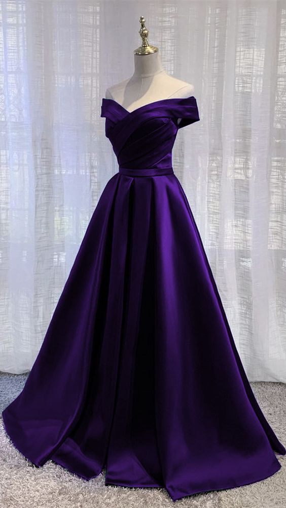 Simple Off Shoulder Satin Long Formal Prom Dresses, Dark Purple Party Dresses Formal Evening Gown Secondary image