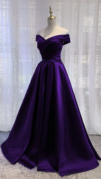 Simple Off Shoulder Satin Long Formal Prom Dresses, Dark Purple Party Dresses Formal Evening Gown