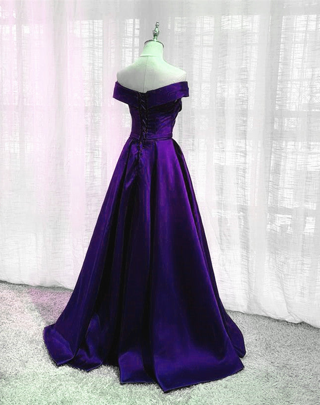 Simple Off Shoulder Satin Long Formal Prom Dresses, Dark Purple Party Dresses Formal Evening Gown