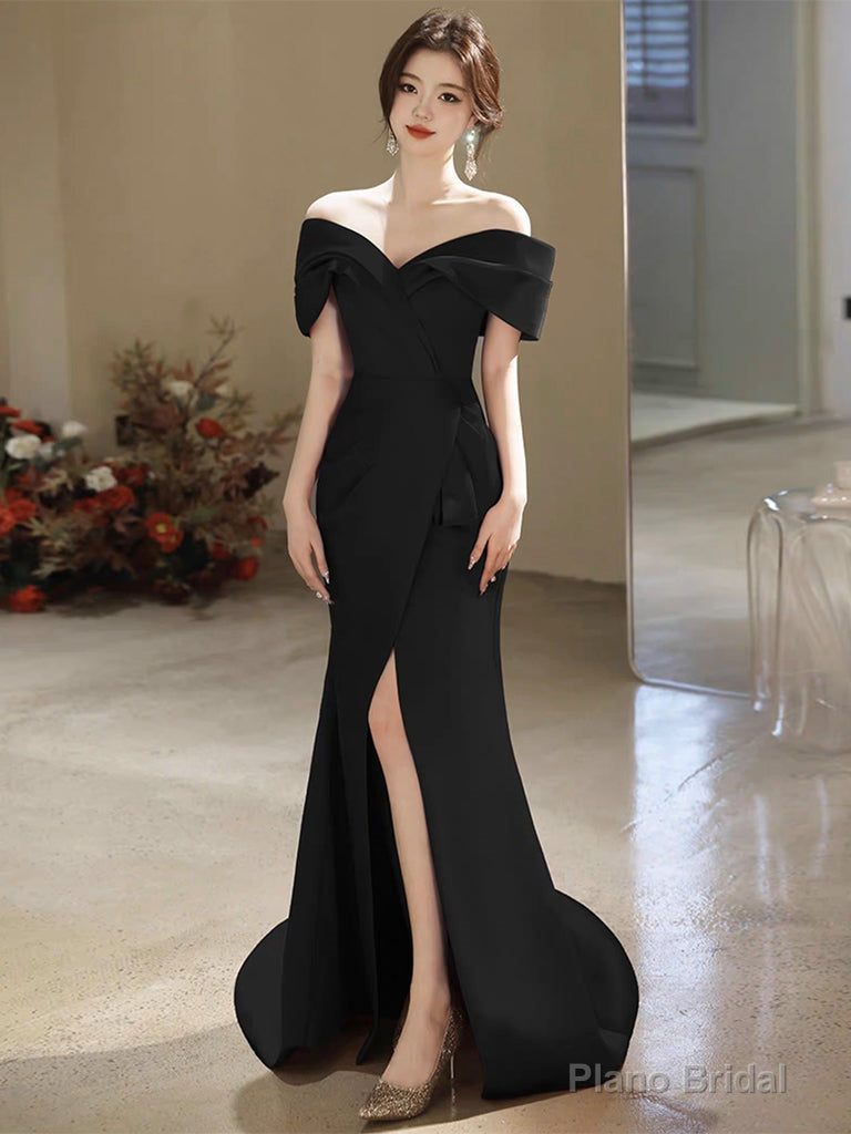 Simple Off Shoulder Satin Mermaid Black Long Prom Dress, Black Long Formal Dress Main image