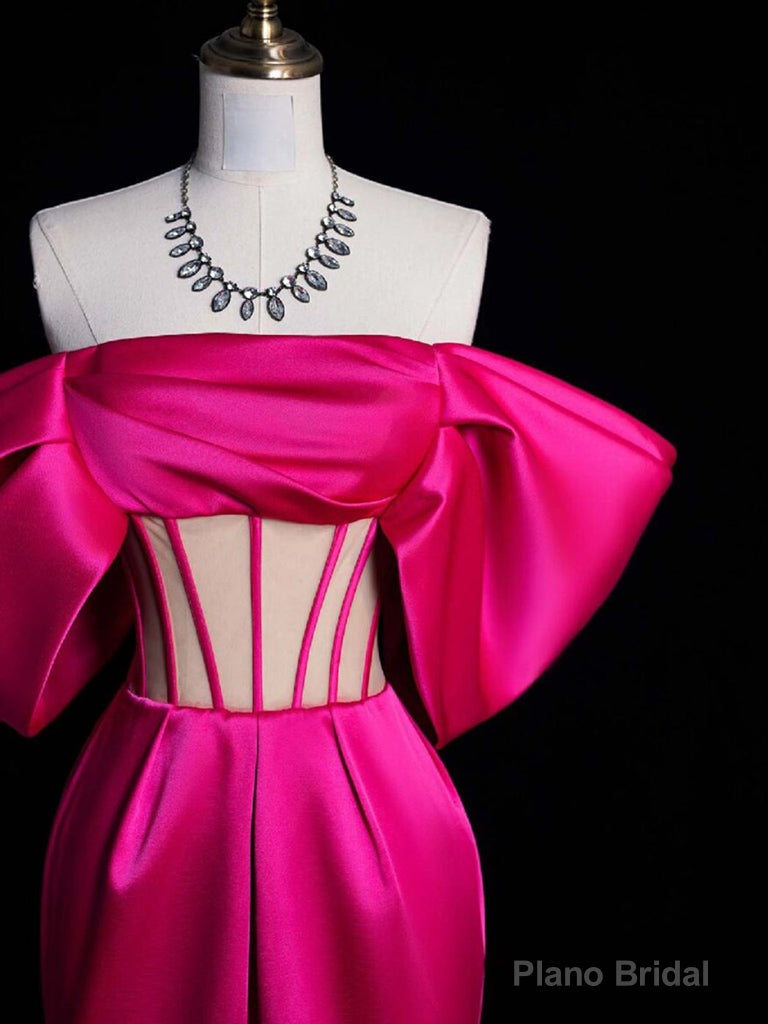 Simple Off Shoulder Satin Mermaid Rose Red Long Prom Dress, Rose Red Evening Dress Secondary image