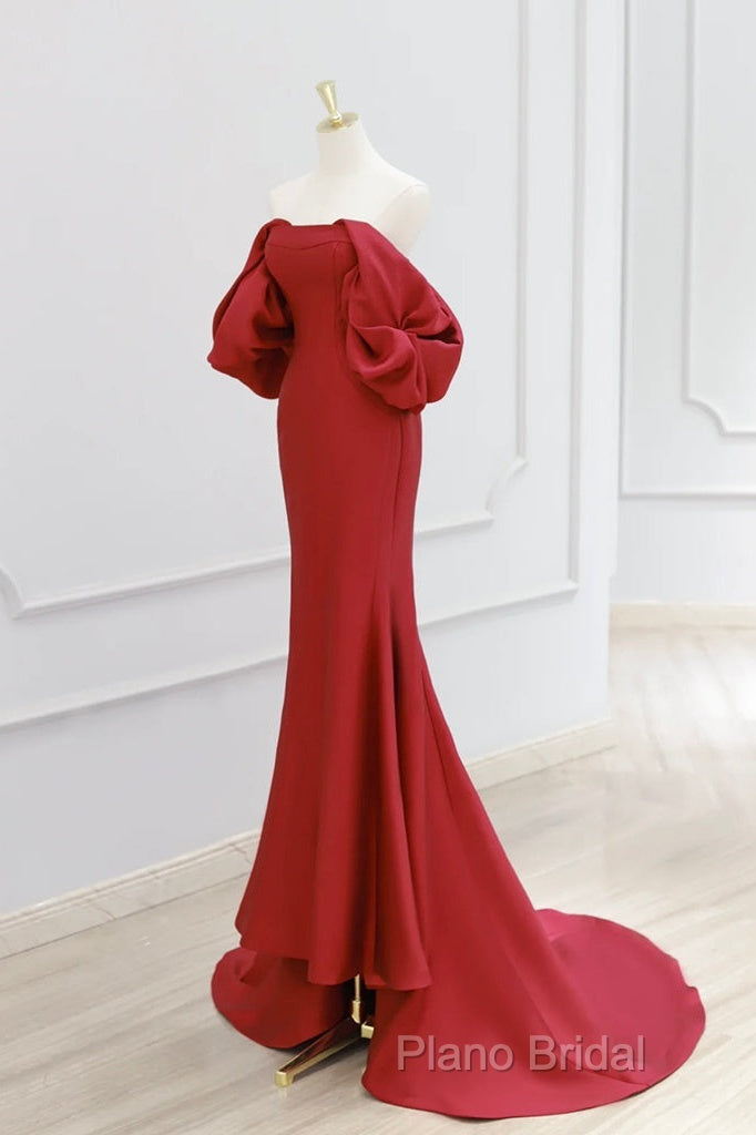 Simple Off Shoulder Satin Red Mermaid Long Formal Prom Dresses, Red Long Formal Dresses Secondary image