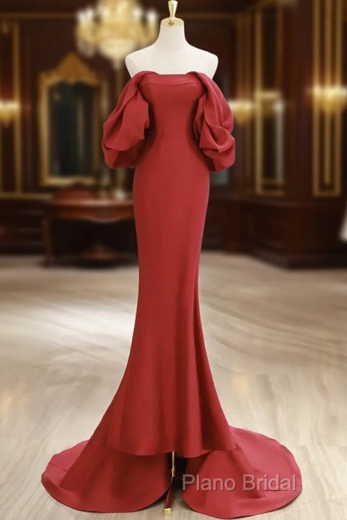Simple Off Shoulder Satin Red Mermaid Long Formal Prom Dresses, Red Long Formal Dresses Main image