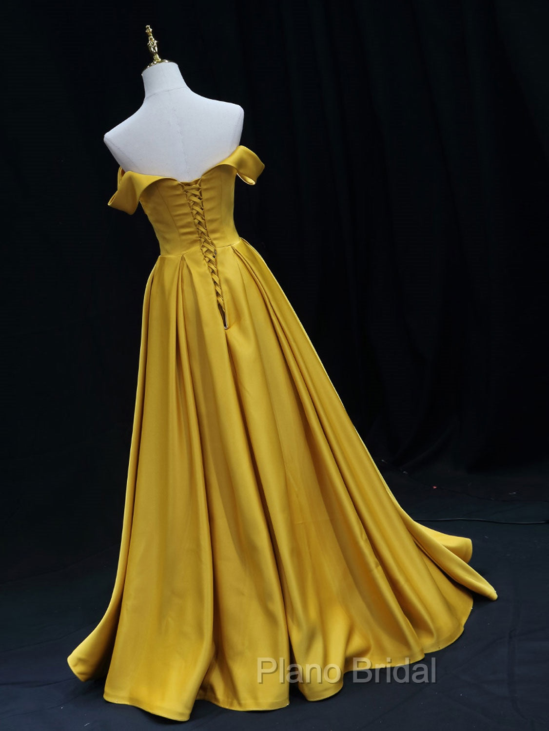 Simple Off Shoulder Satin Yellow Long Formal Prom Dresses, Yellow Long Formal Dresses Secondary image