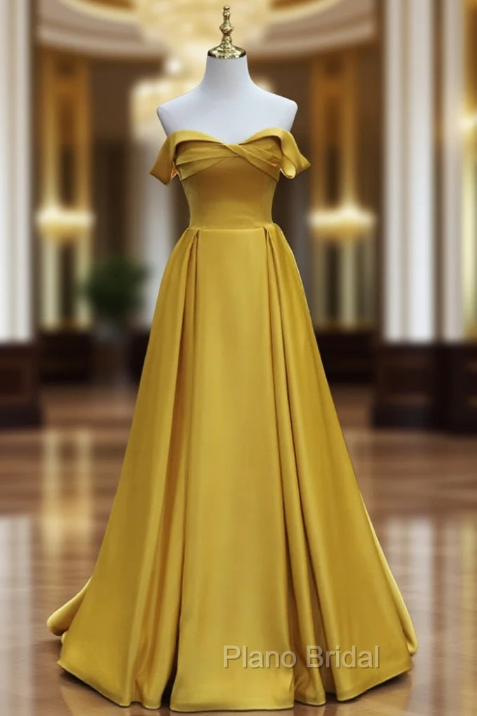Simple Off Shoulder Satin Yellow Long Formal Prom Dresses, Yellow Long Formal Dresses Main image