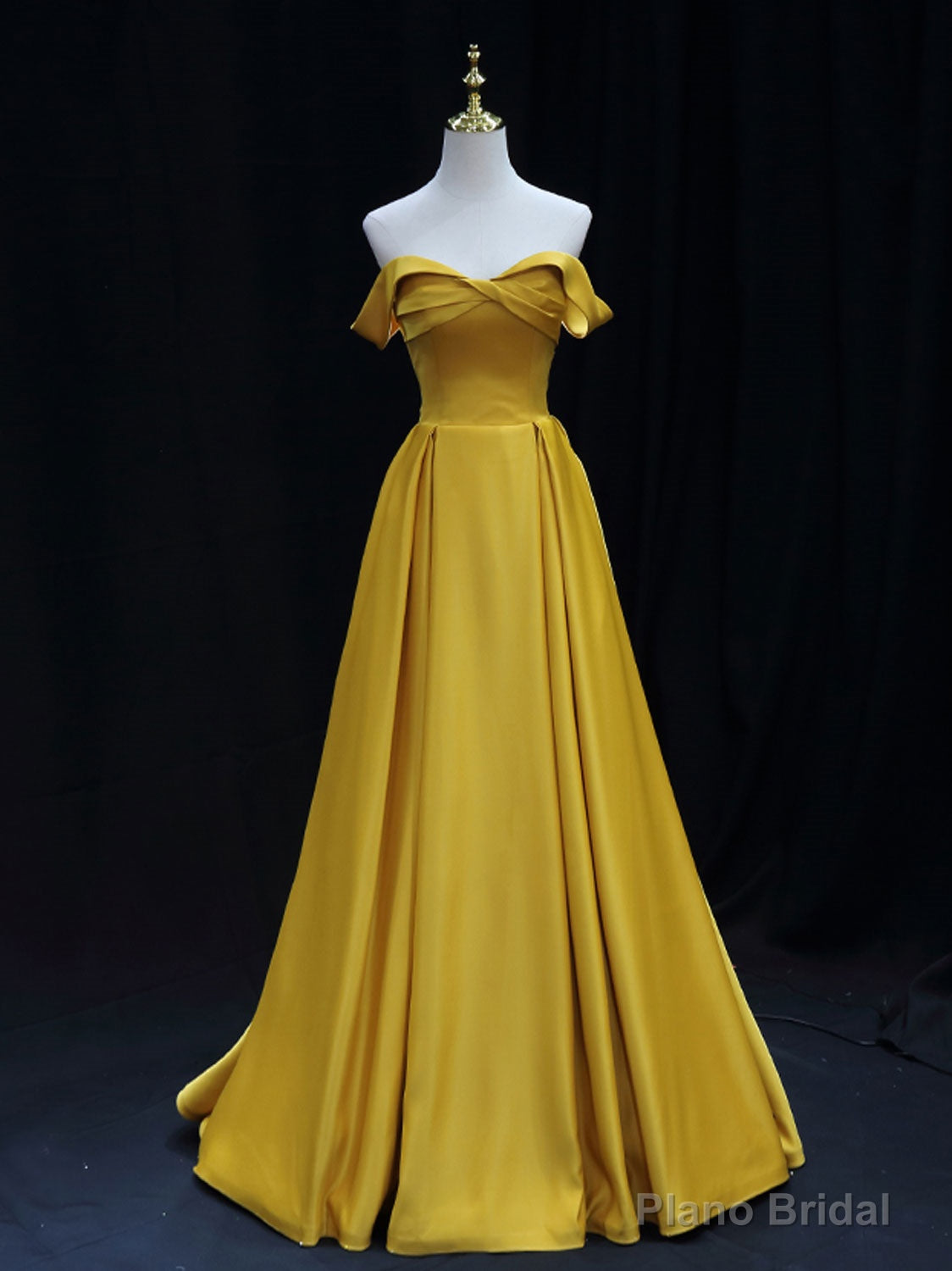 Simple Off Shoulder Yellow Satin Long Prom Dress, Yellow Formal Evening Dress Main image
