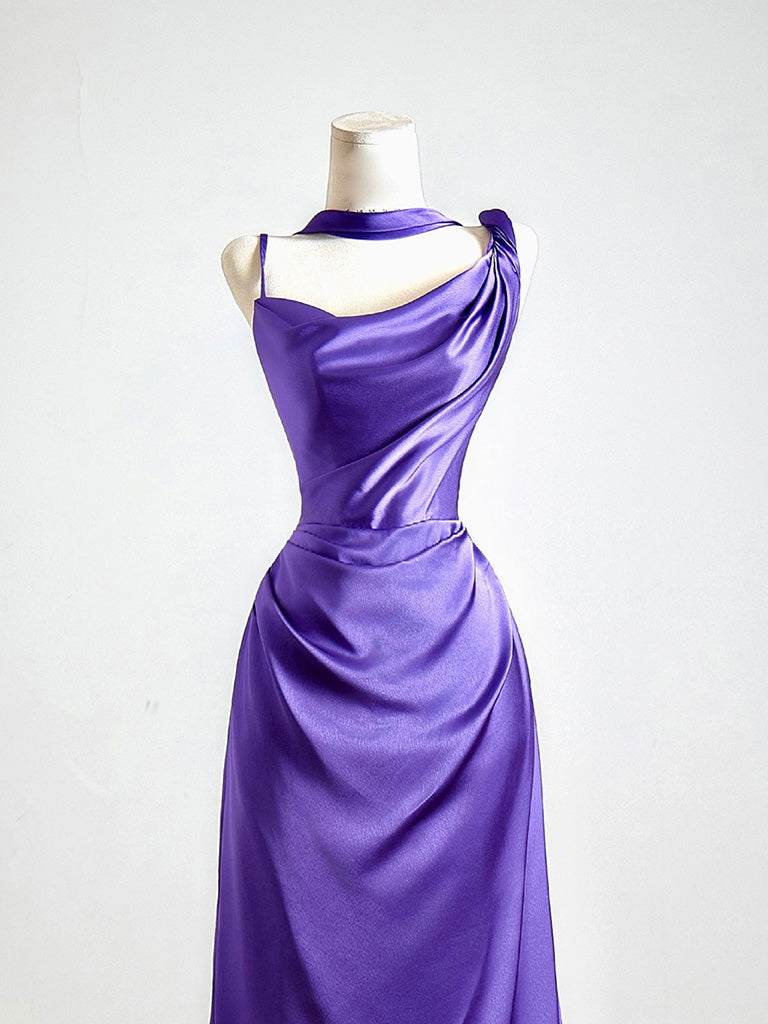 Simple One Shoulder Satin Sweep Train Purple Formal Prom Dresses