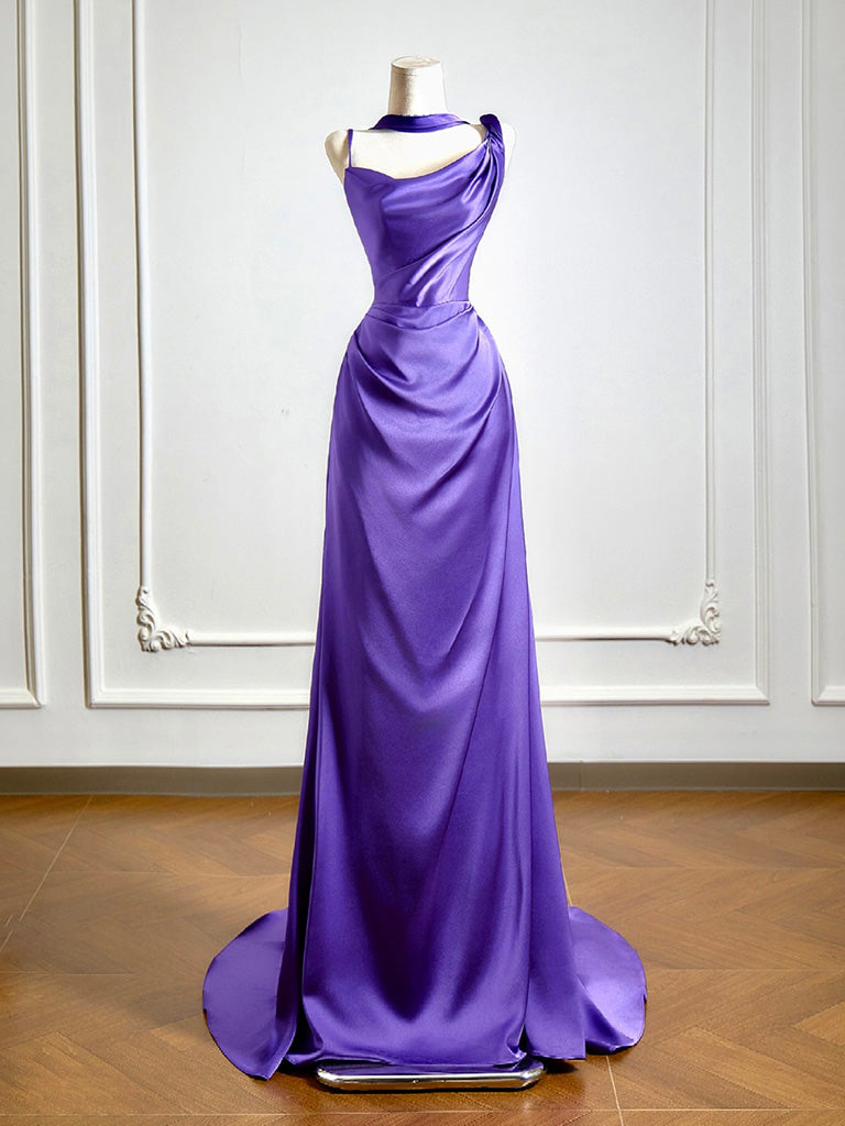 Simple One Shoulder Satin Sweep Train Purple Formal Prom Dresses Main image
