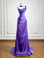 Simple One Shoulder Satin Sweep Train Purple Formal Prom Dresses