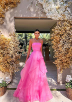 Simple Pink Sleeveless Long Formal Prom Dresses, Strapless Formal Evening Dresses, Pink Celebration Dresses