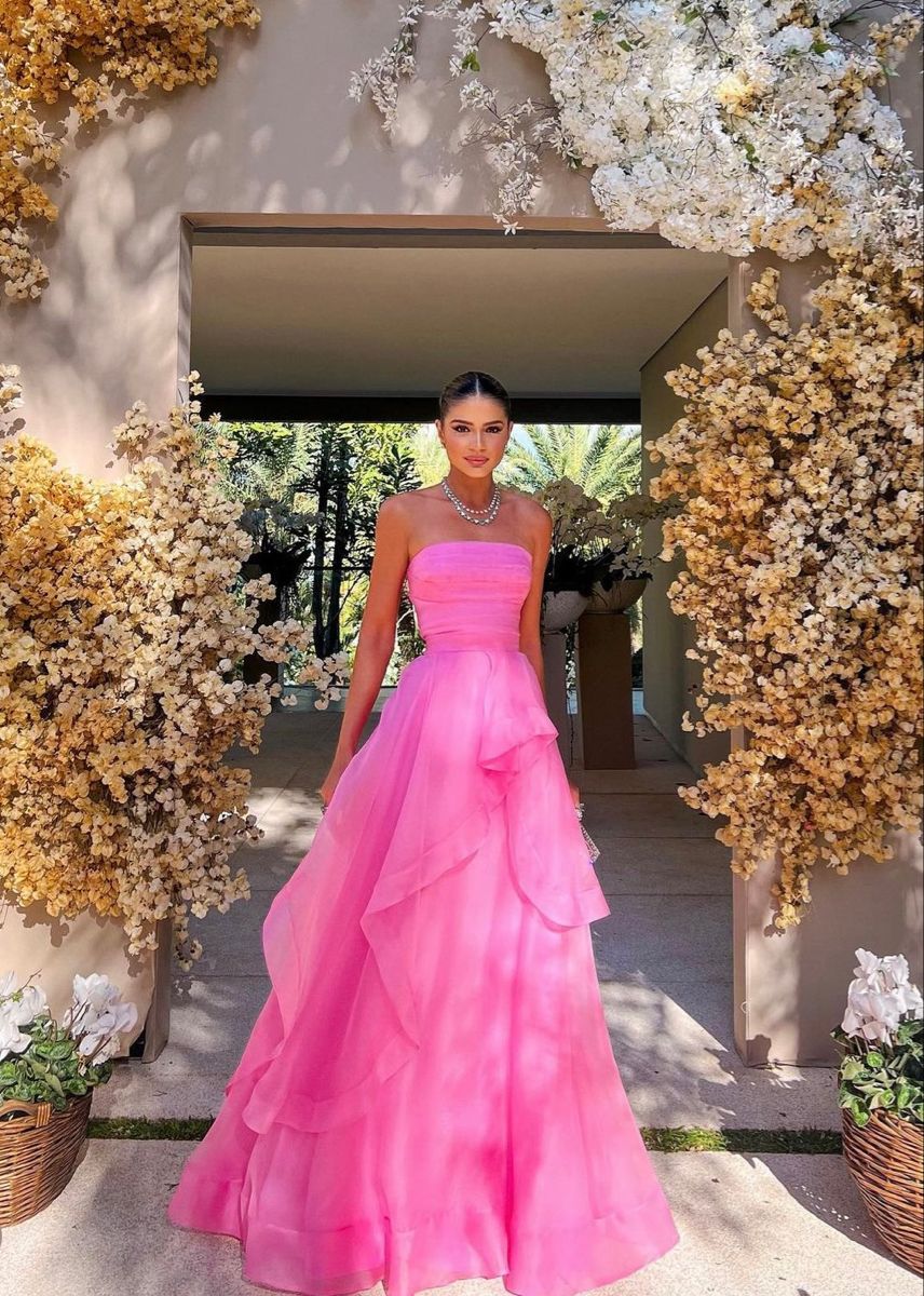 Simple Pink Sleeveless Long Formal Prom Dresses, Strapless Formal Evening Dresses, Pink Celebration Dresses