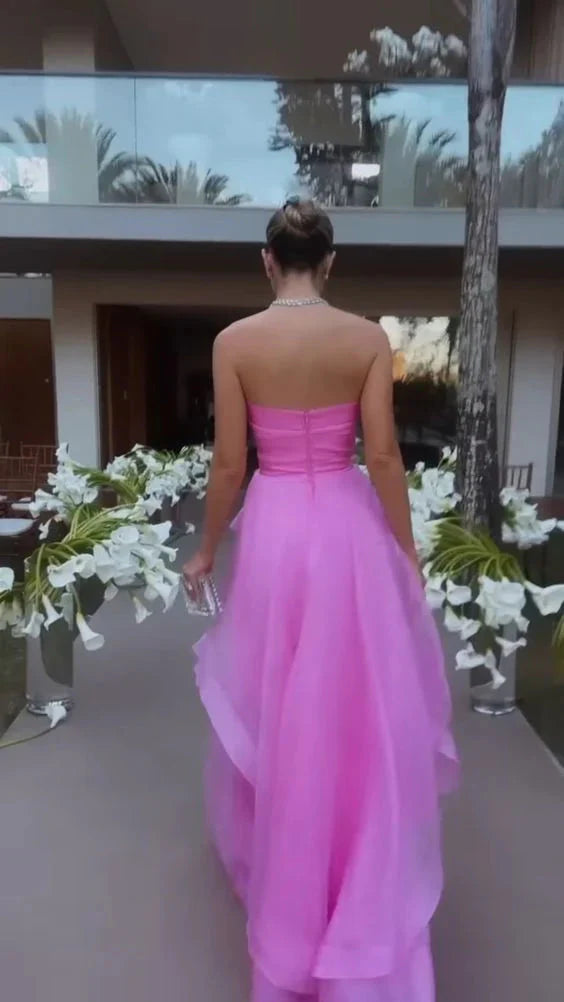 Simple Pink Sleeveless Long Formal Prom Dresses, Strapless Formal Evening Dresses, Pink Celebration Dresses