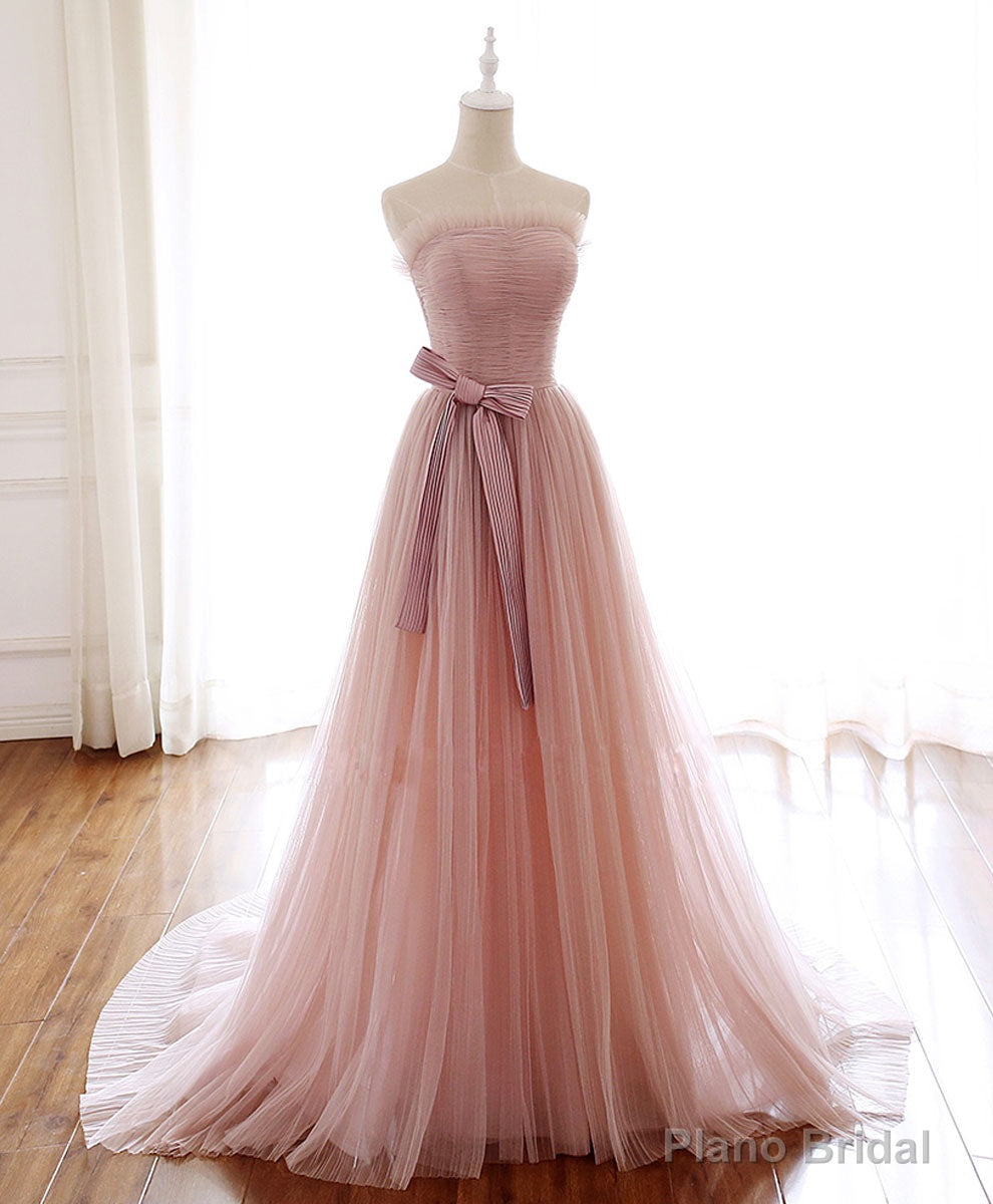 Simple Pink Tulle Long Prom Dress, Aline Pink Tulle Formal Party Dresses Main image