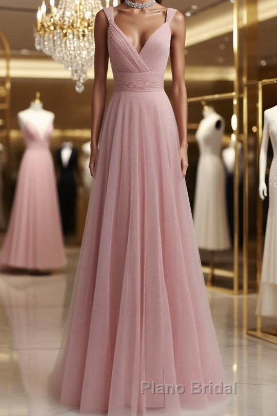 Simple pink tulle long Formal Prom dress pink tulle evening dress Main image