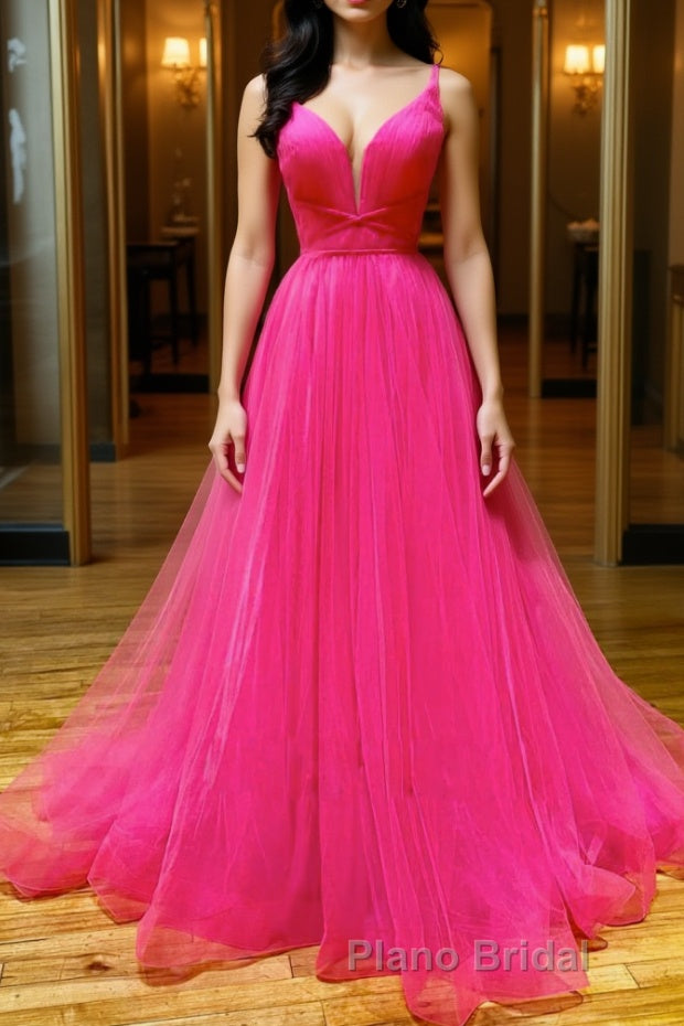 Simple pink v neck tulle long Formal Prom dress pink formal dress Main image