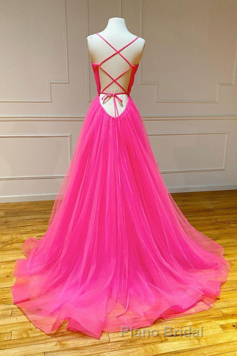 Simple pink v neck tulle long Formal Prom dress pink formal dress Secondary image