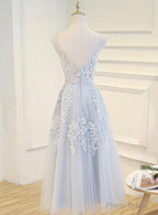 Simple Pretty Light Grey Tea Length Prom Dress, Tea Length Bridesmaid Dress