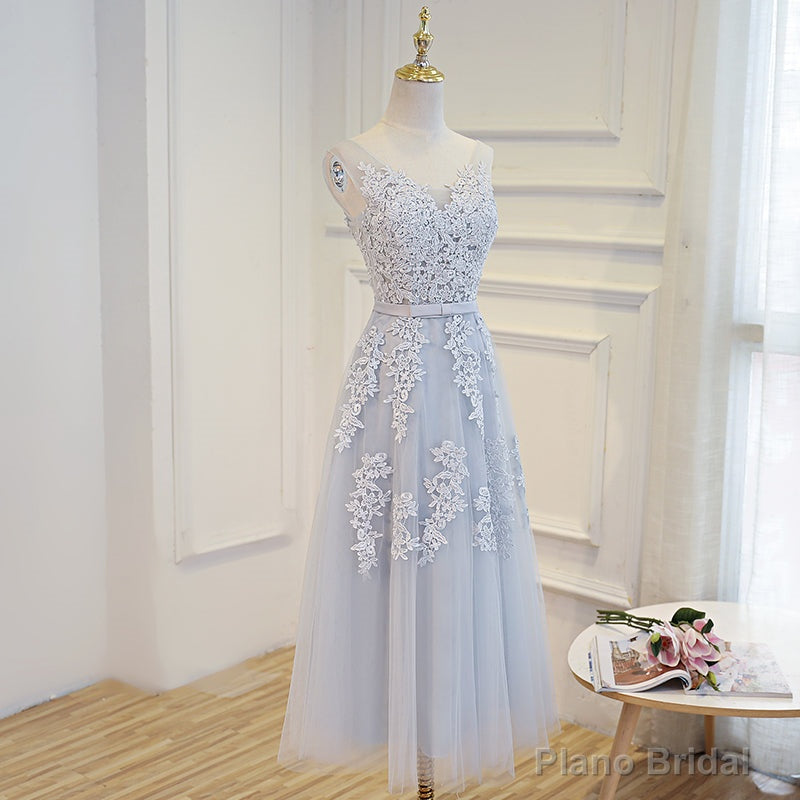 Simple Pretty Light Grey Tea Length Prom Dress, Tea Length Bridesmaid Dress