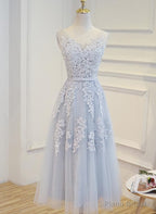 Simple Pretty Light Grey Tea Length Prom Dress, Tea Length Bridesmaid Dress
