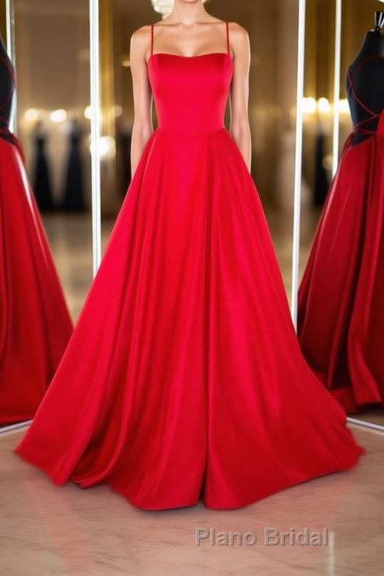 Simple red satin long Formal Prom dress, red backless long evening dress Main image