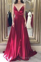 Simple red v neck satin long Formal Prom dress, red evening dress