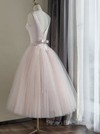 Simple Round Neck Satin Short Formal Prom Dresses, Pink Tulle Bridesmaid Dresses