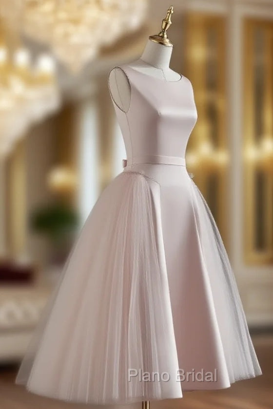 Simple Round Neck Satin Short Formal Prom Dresses, Pink Tulle Bridesmaid Dresses Main image