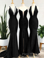 Simple Royal blue v neck mermaid long Formal Prom dress blue evening dress