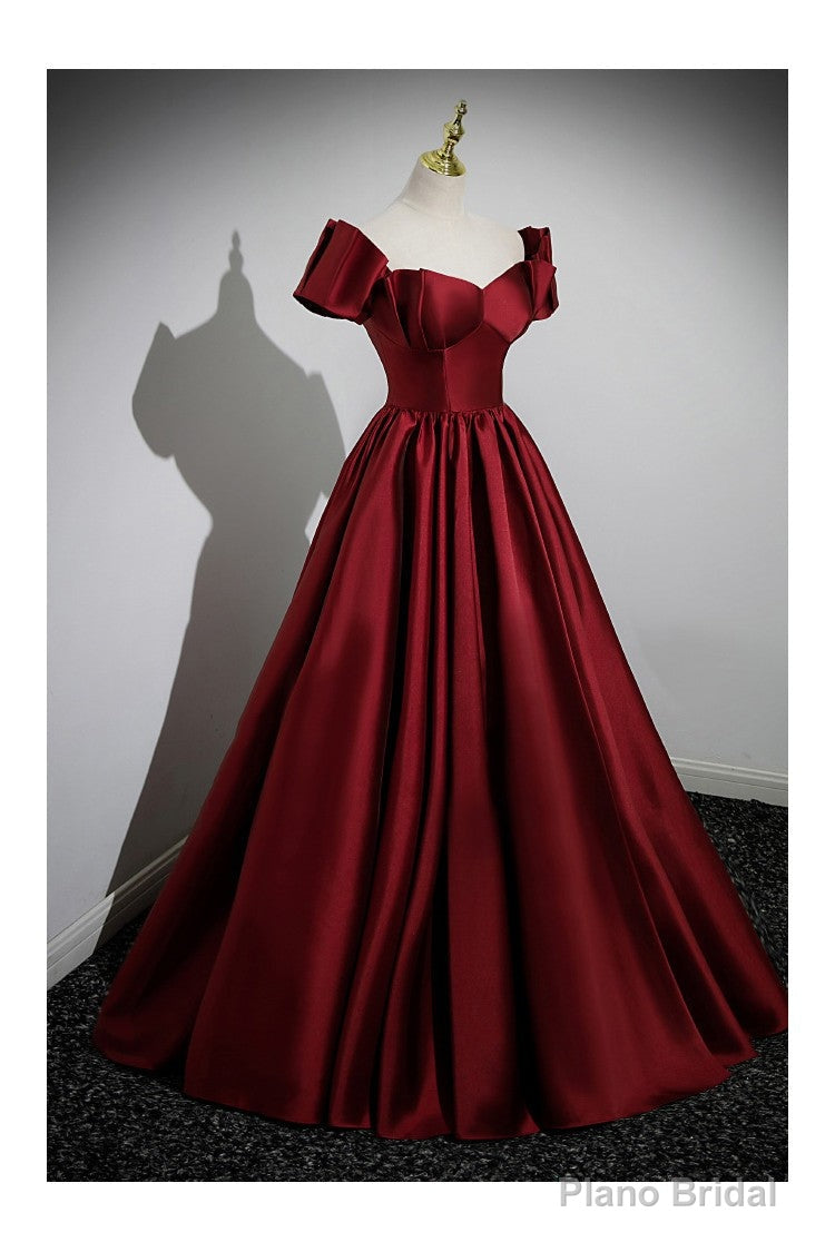 Simple Satin Burgundy Long Evening Gown with Short Sleeves Secondary image