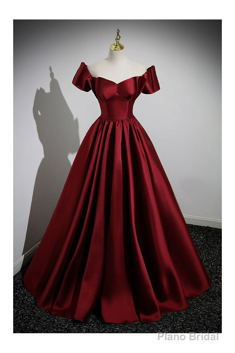Simple Satin Burgundy Long Evening Gown with Short Sleeves