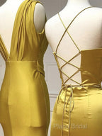 Simple Satin Gold Long Formal Prom Dresses, Gold Satin Long Formal Dresses