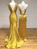 Simple Satin Gold Long Formal Prom Dresses, Gold Satin Long Formal Dresses