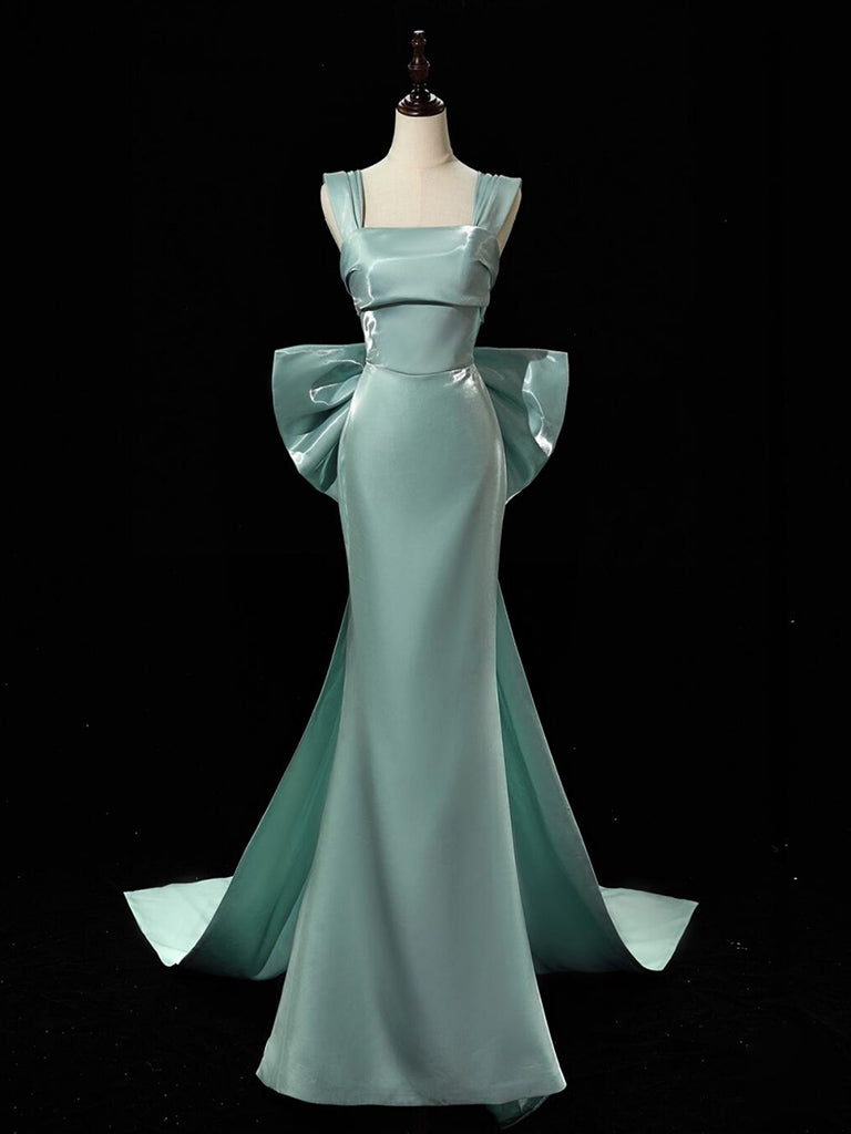 Simple Satin Green Long Formal Prom Dresses, Green Long Formal Dresses With Bow Tie