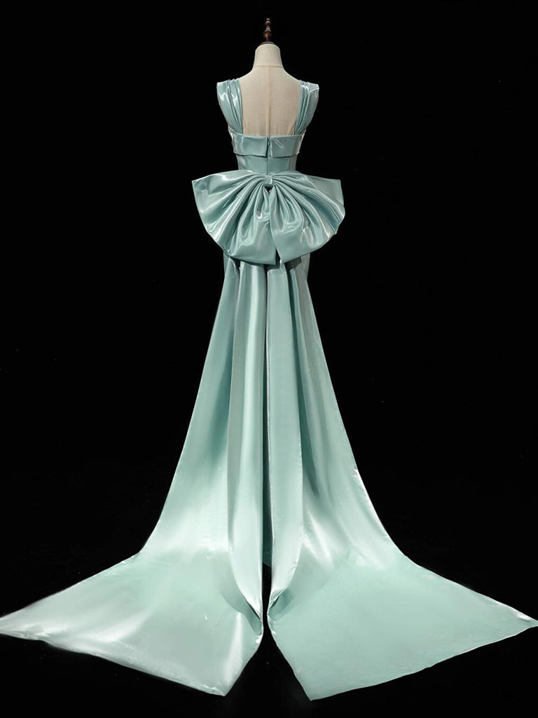 Simple Satin Green Long Formal Prom Dresses, Green Long Formal Dresses With Bow Tie Secondary image