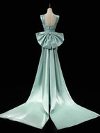 Simple Satin Green Long Formal Prom Dresses, Green Long Formal Dresses With Bow Tie