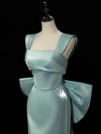 Simple Satin Green Long Formal Prom Dresses, Green Long Formal Dresses With Bow Tie