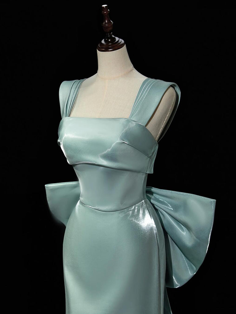 Simple Satin Green Long Formal Prom Dresses, Green Long Formal Dresses With Bow Tie