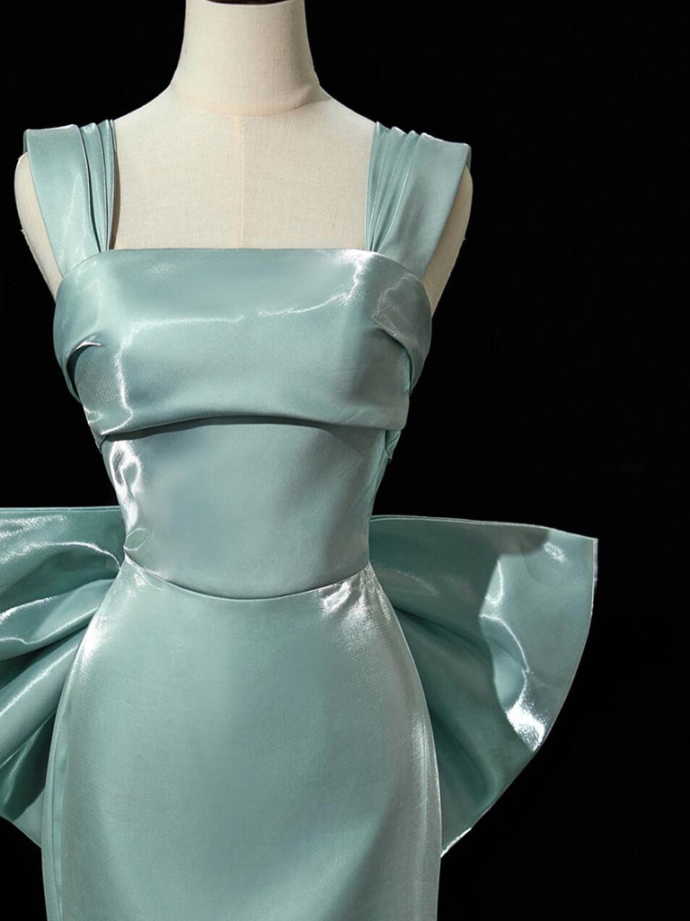 Simple Satin Green Long Formal Prom Dresses, Green Long Formal Dresses With Bow Tie