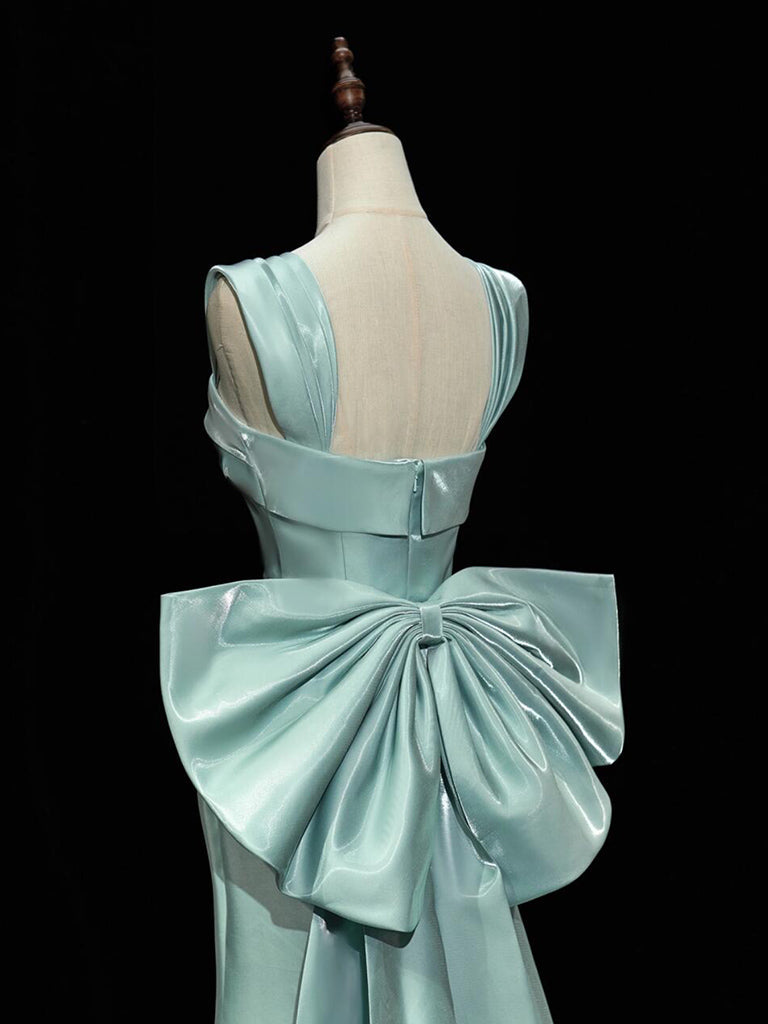 Simple Satin Green Long Formal Prom Dresses, Green Long Formal Dresses With Bow Tie