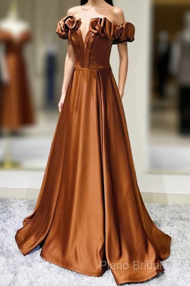 Simple Satin Long Formal Prom Dresses, Off The Shoulder V-Neck Formal Dresses Main image