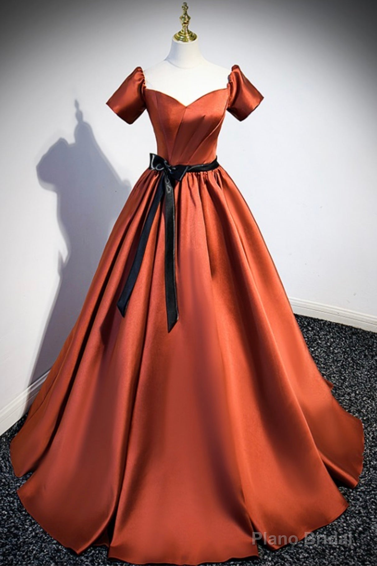 Simple Satin Long Prom Dress, Short Sleeve A-Line Evening Party Dress Main image