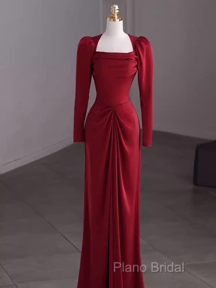 Simple Sheath Long Sleeves Red Formal Prom Dresses Formal Dresses
